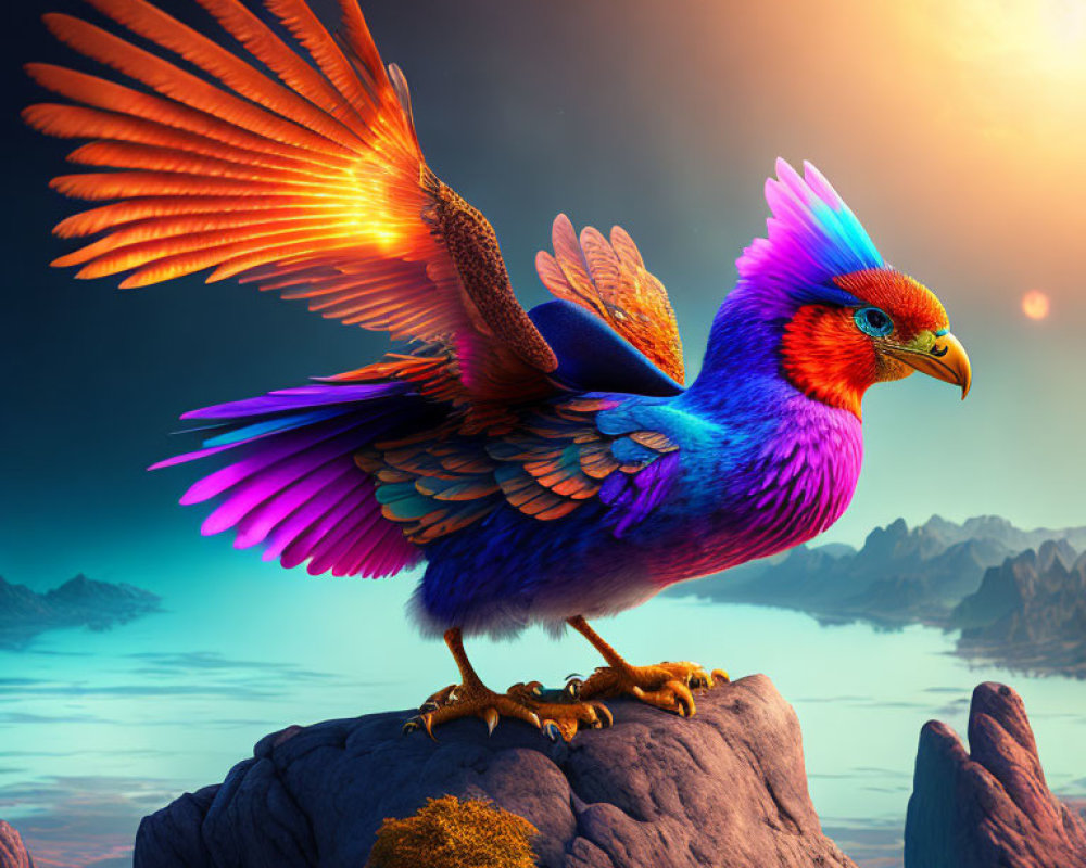 Colorful mythical bird perched on rocky peak at sunset