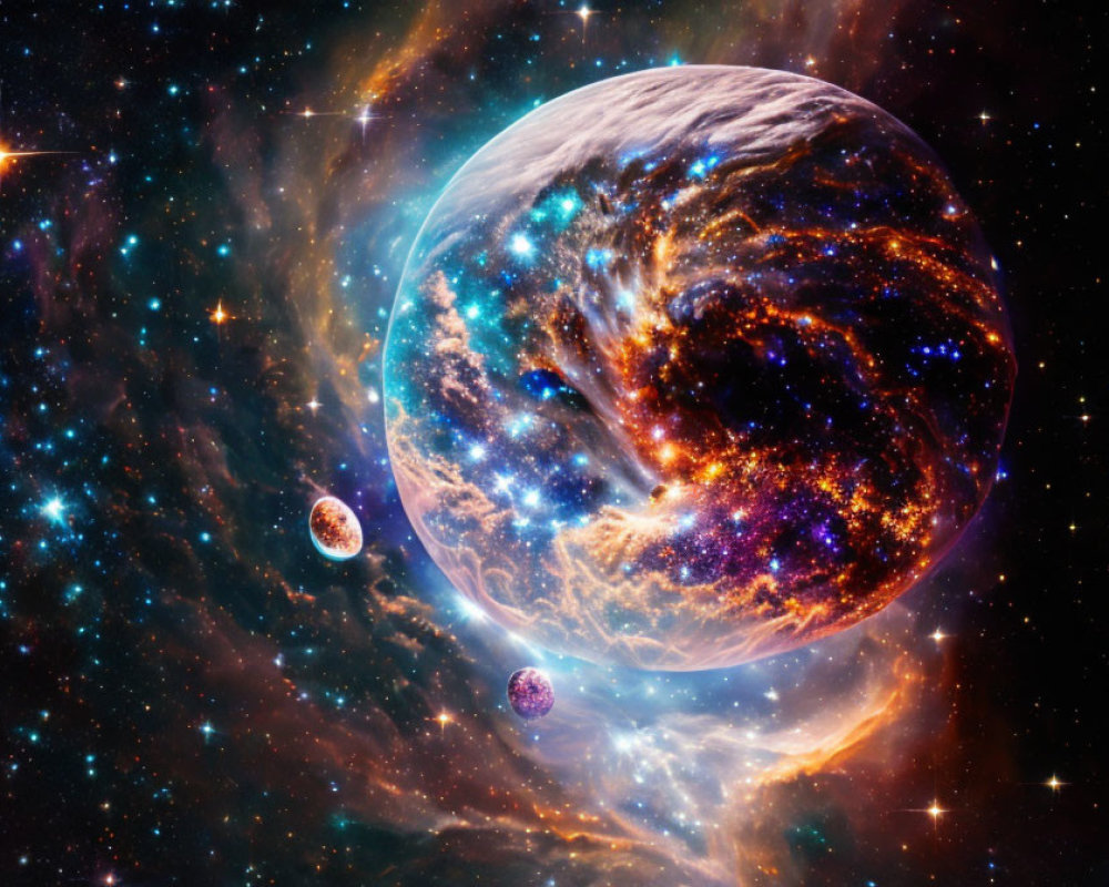 Colorful cosmic scene with swirling planet and celestial bodies in space.