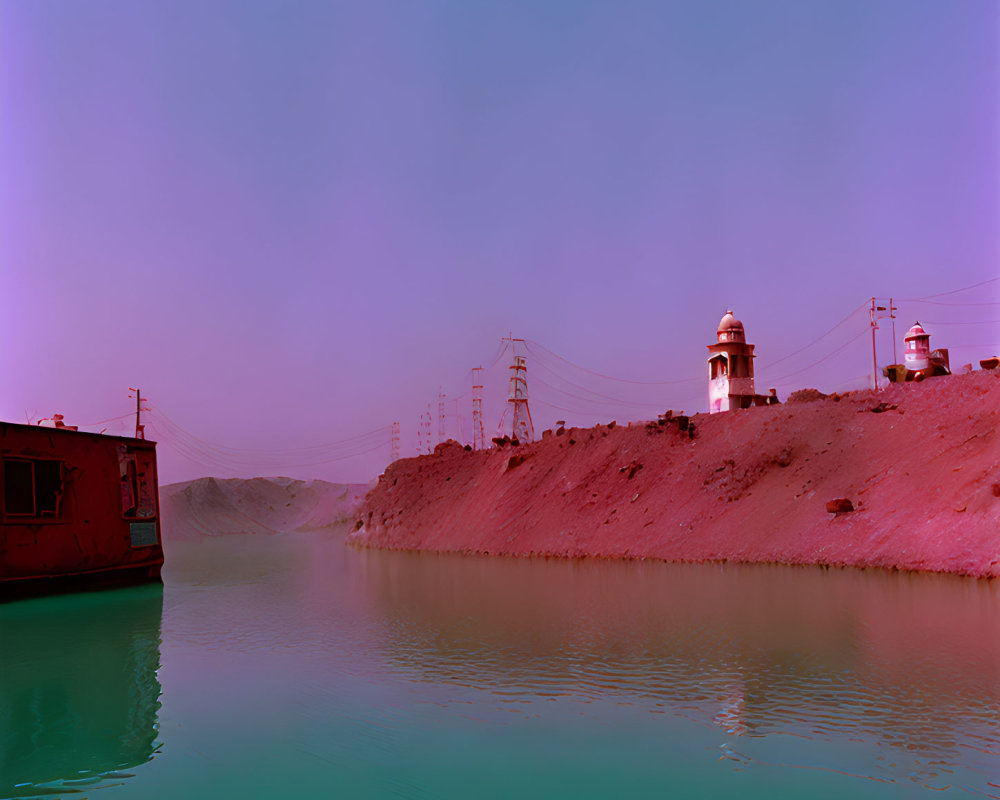 Surreal color-shifted landscape with red boat, twin lighthouses, and calm water