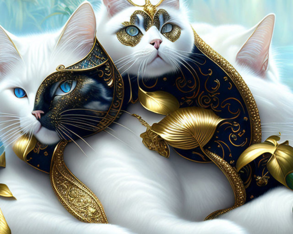 Majestic white cats with heterochromia and gold accessories by a waterfall