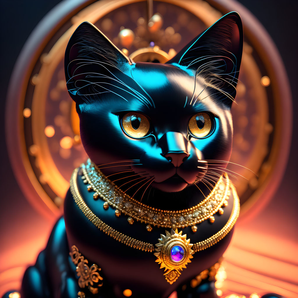 Luxurious Golden Jewelry Adorned Black 3D Cat on Ornate Backdrop