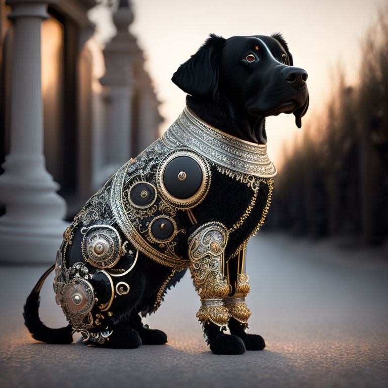 Black dog in gold and silver mechanical armor on paved path at dawn or dusk