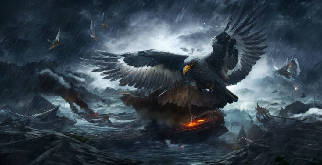 Majestic eagle flying over stormy sea with shipwrecks under tumultuous sky