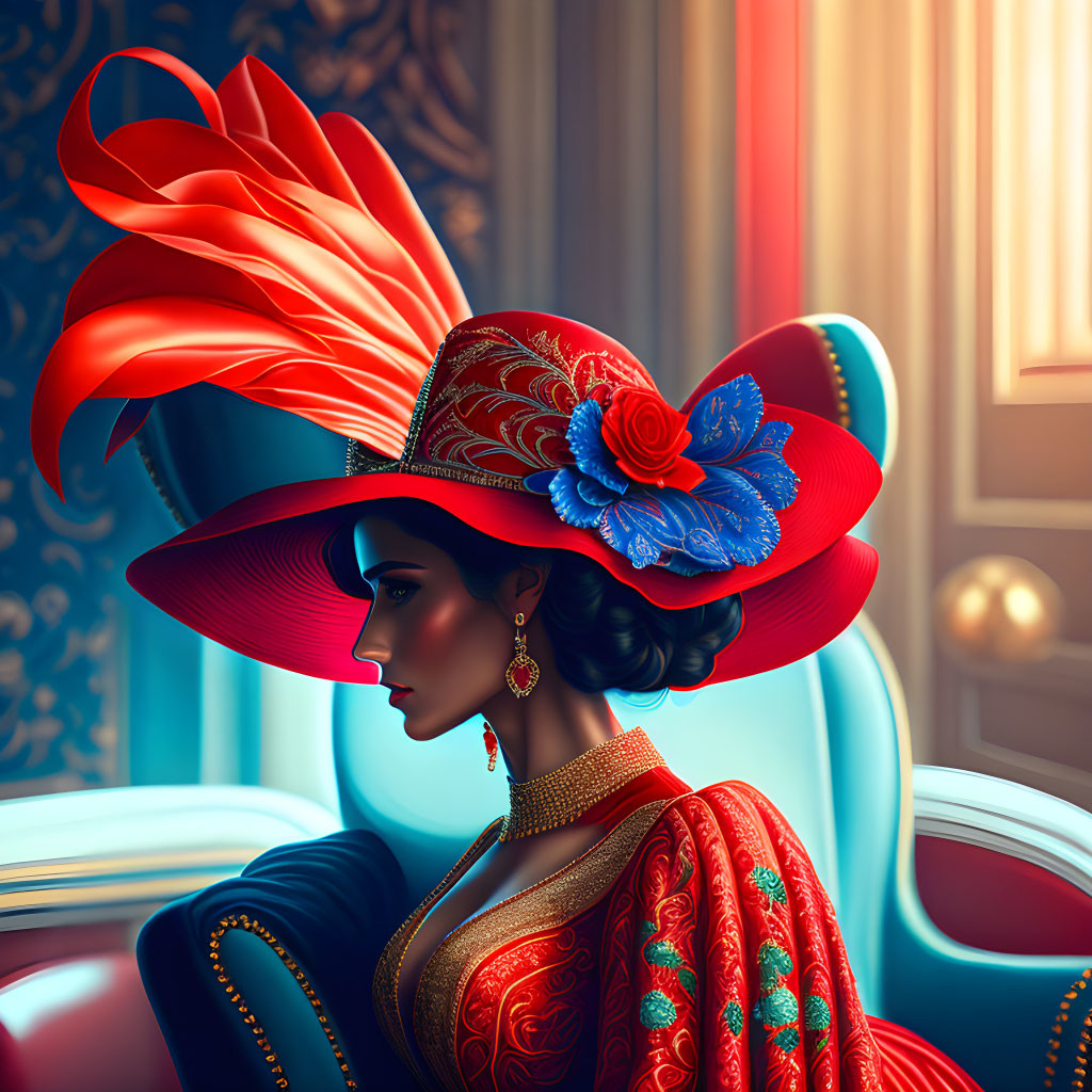 Elegant woman in red hat with feather and traditional outfit sitting gracefully