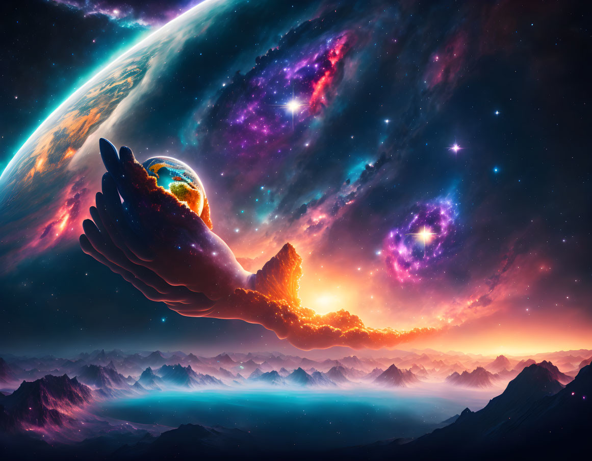 Surreal cosmic scene: giant hand cradling burning Earth in vibrant nebula