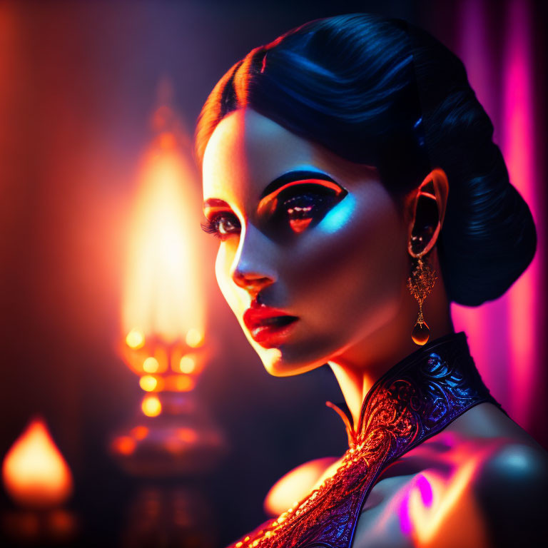 Elegant woman with dramatic blue and orange lighting