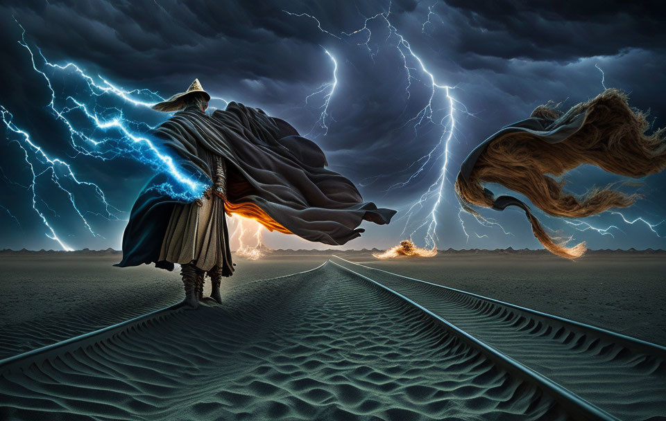 Mysterious figure on desert train tracks under stormy sky with ethereal horse