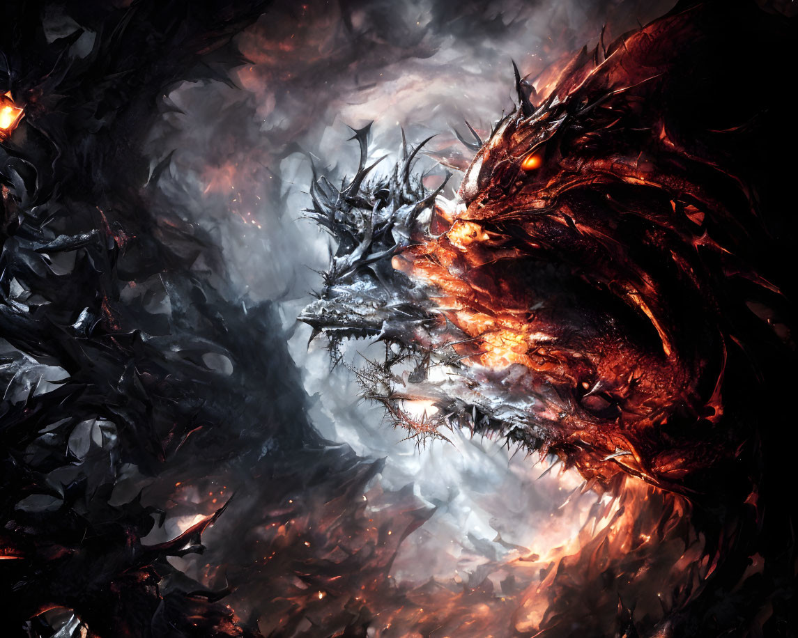 Glowing-eyed dragon in dark, smoky setting