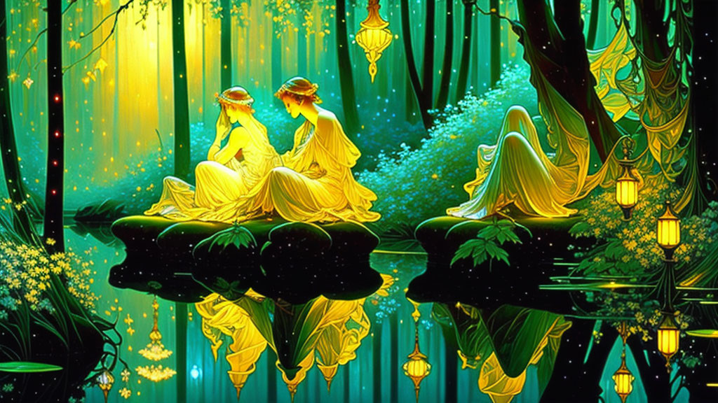 Ethereal figures in yellow dresses in luminescent fantasy forest