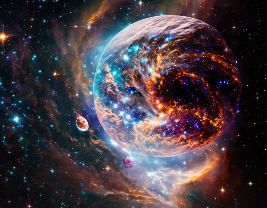 Colorful cosmic scene with swirling planet and celestial bodies in space.