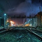 Mysterious figure on desert train tracks under stormy sky with ethereal horse