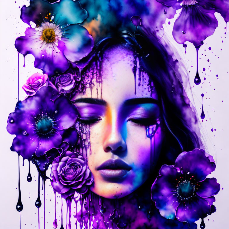 Colorful artwork featuring woman's face with purple and blue flowers and inky drips