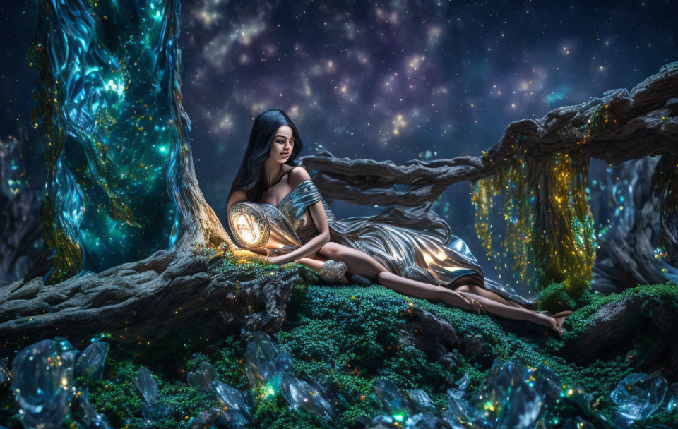 Fantasy artwork: Woman on tree in enchanted forest with glowing elements