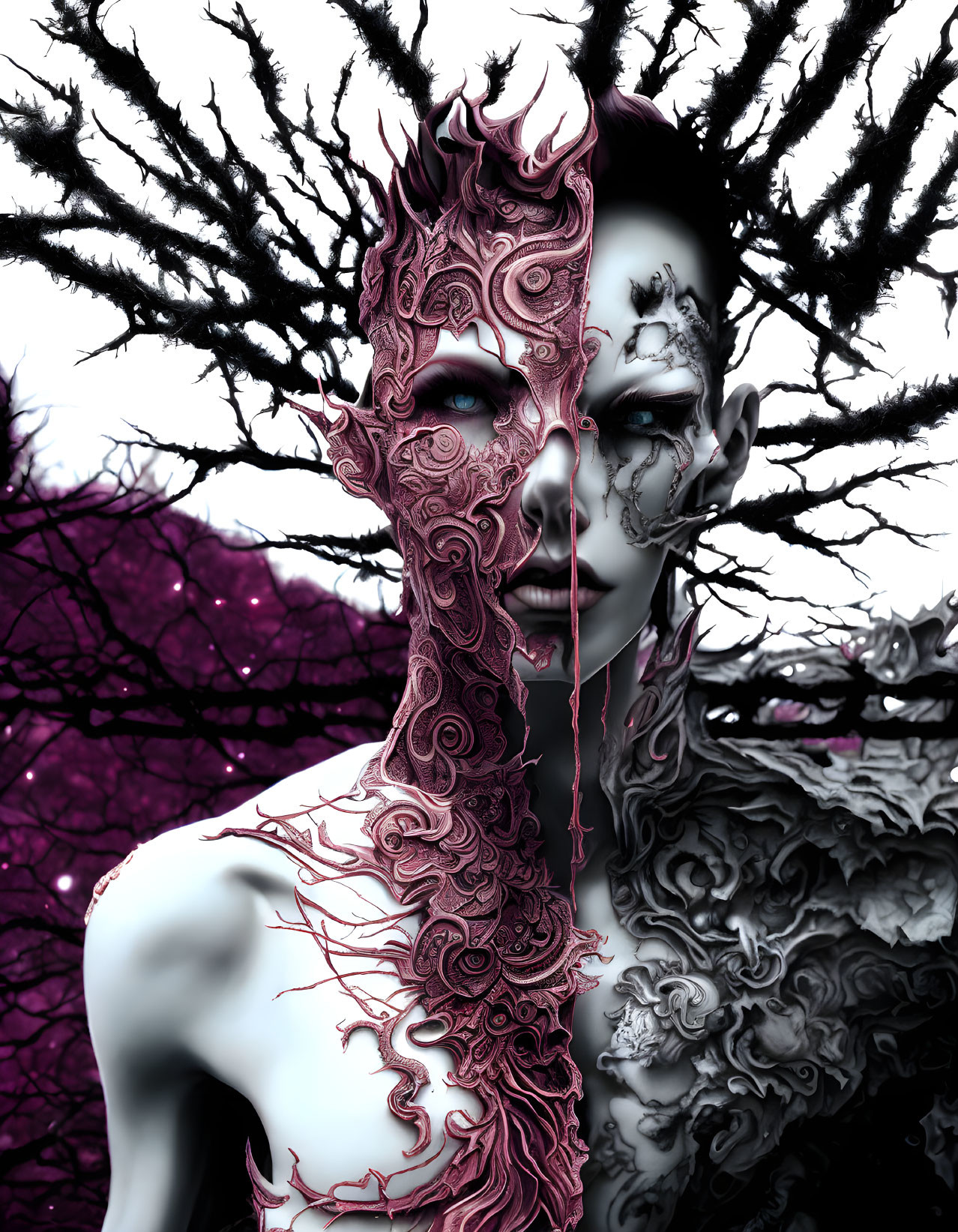 Intricate pink mask-like designs on figure against dark branches & purple sky