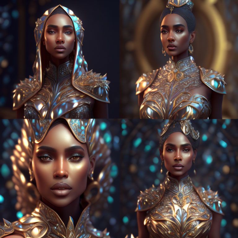 Regal Woman in Golden Armor with Blue Orbs and Halos