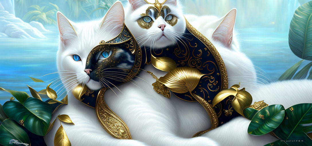 Majestic white cats with heterochromia and gold accessories by a waterfall