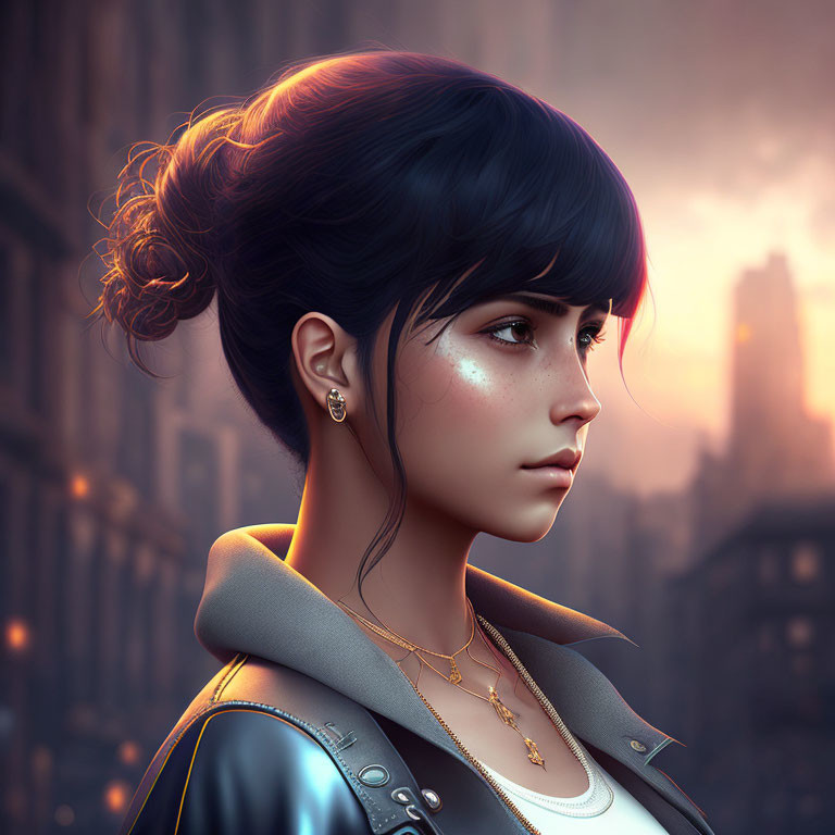 Woman with Blue Bun Hairstyle and Freckles in Gold Jewelry, City Background at Dusk