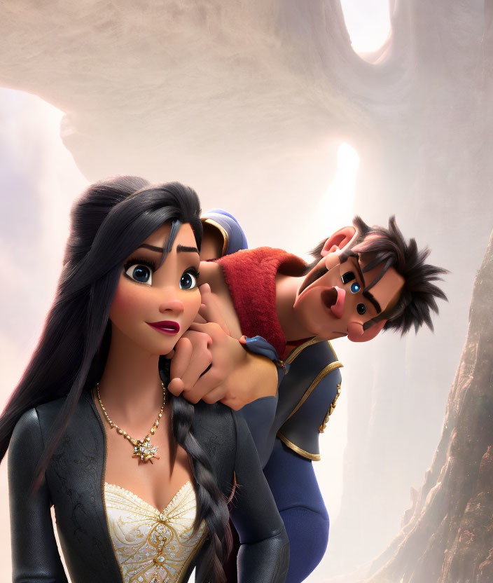 Male and female animated characters with concerned expressions in soft-focused background