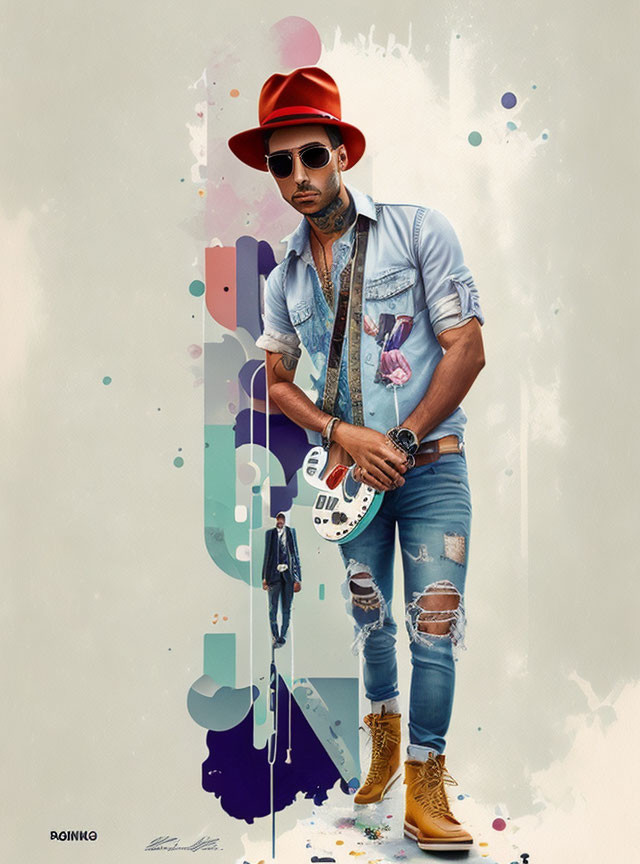 Stylish man with red hat, sunglasses, tattoos, and guitar in vibrant setting