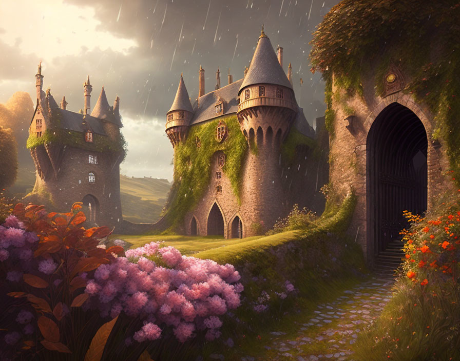 Mystical castle with towering spires in rain shower, lush flora, dramatic sunlit sky