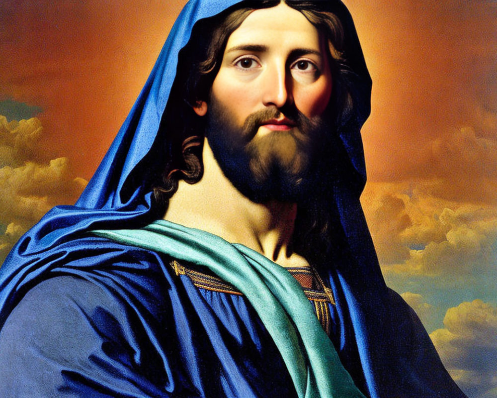 Classic Painting: Figure with Long Brown Hair and Beard in Blue Robe and Red Garment against Cloud