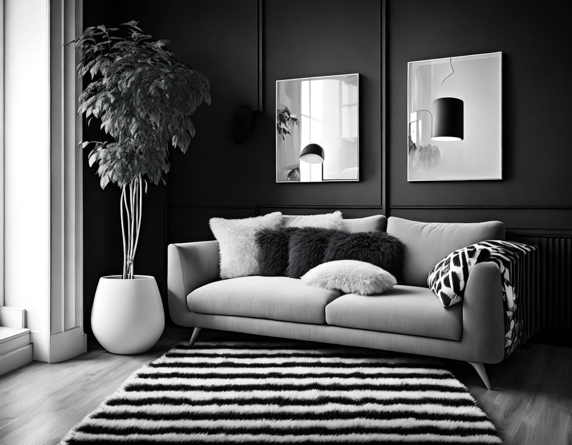 Monochromatic Living Room with Stylish Sofa, Striped Rug, Artwork, and Potted