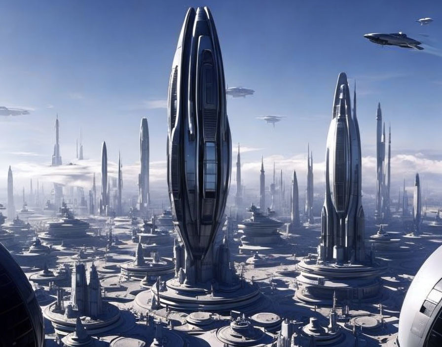 Futuristic Cityscape with Towering Skyscrapers and Flying Vehicles