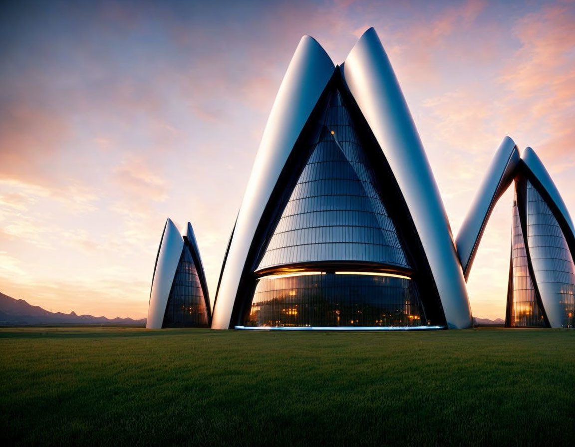 Futuristic building with pointed arches and glass facade at sunset