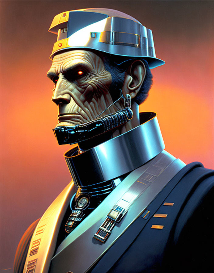 Detailed illustration of futuristic robotic policeman in shiny uniform