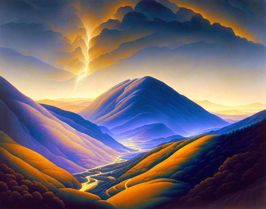 Scenic artwork of rolling hills, mountains, river, and dramatic sky