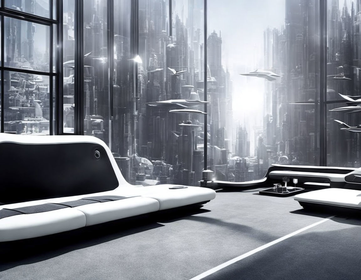 Sleek futuristic interior with cityscape view and flying vehicles