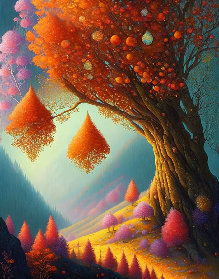 Colorful Fantasy Landscape with Large Tree and Geometric Lanterns