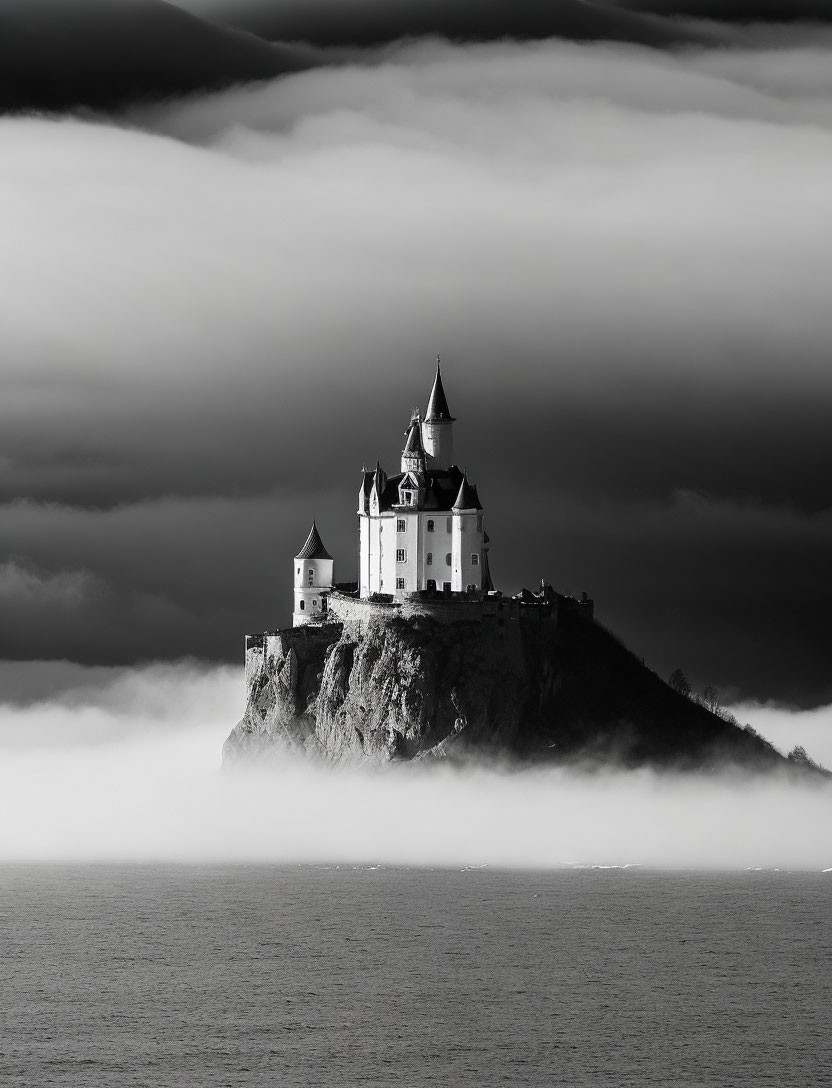 Monochrome image: Castle on cliff in fog with dramatic clouds