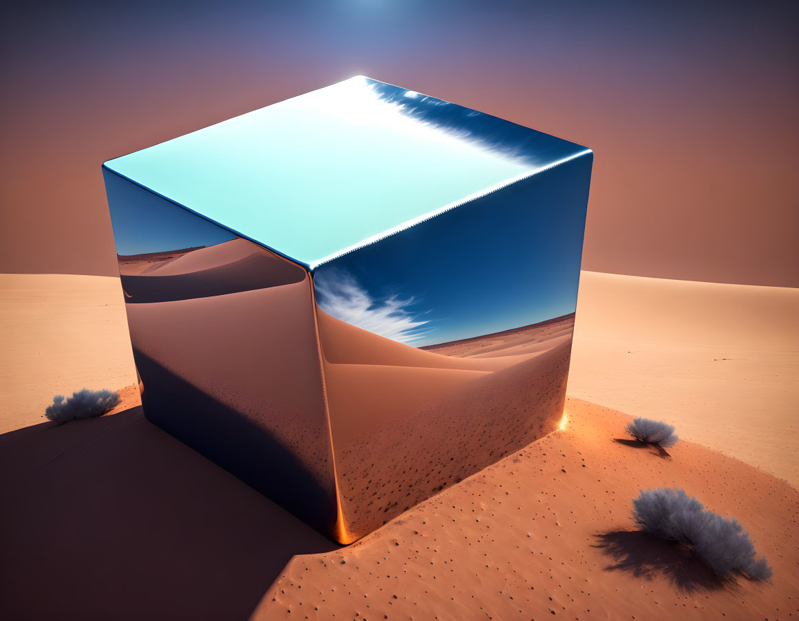 Reflective cube on sandy terrain with dunes under a clear sky.