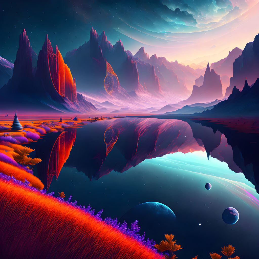 Luminous flora and celestial sky in surreal landscape