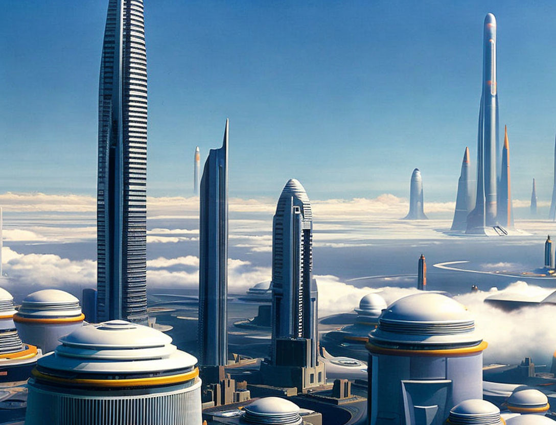 Futuristic cityscape with towering skyscrapers and space shuttle.