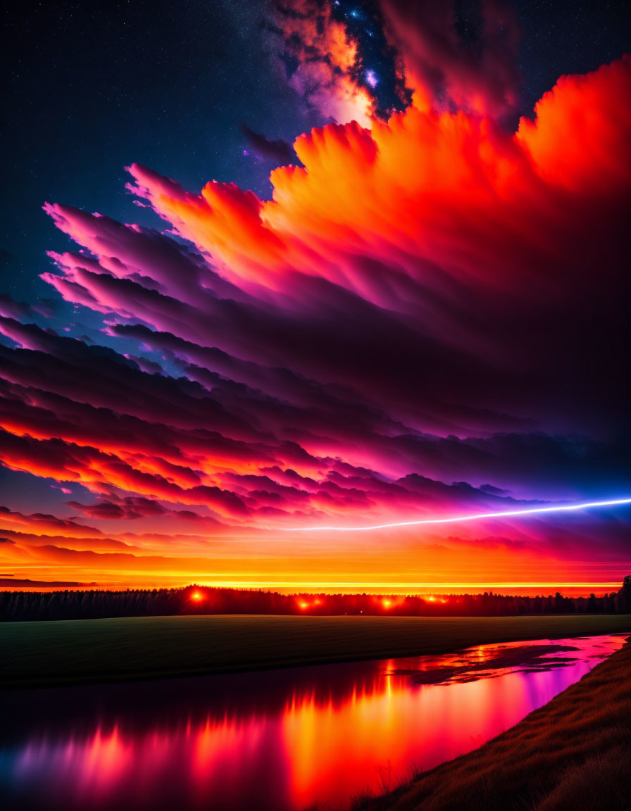 Fiery red clouds at sunset reflected in tranquil river