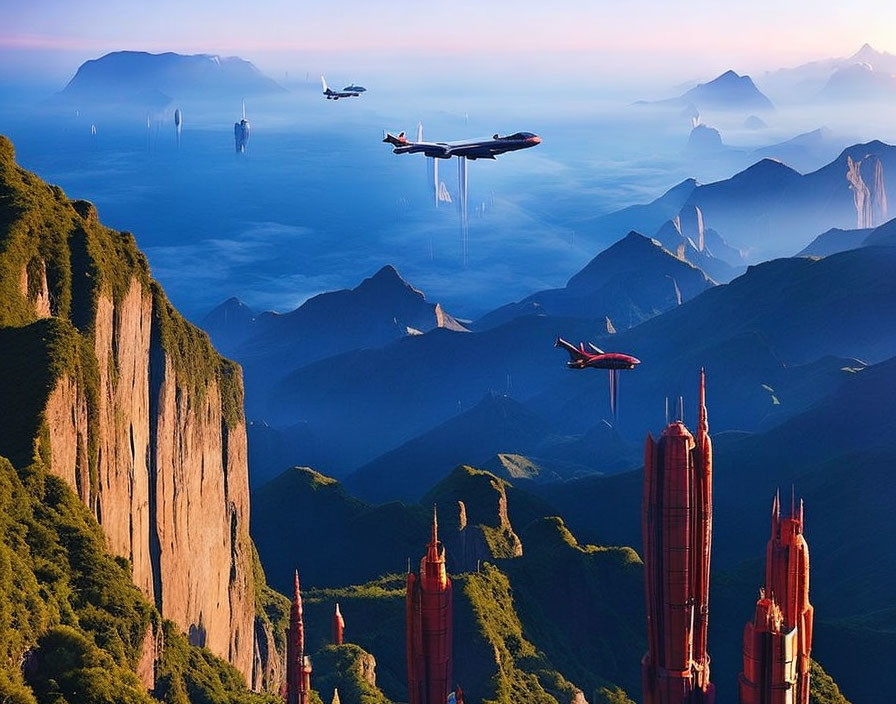 Ethereal landscape with towering cliffs, misty peaks, futuristic vessels, and red spire-like