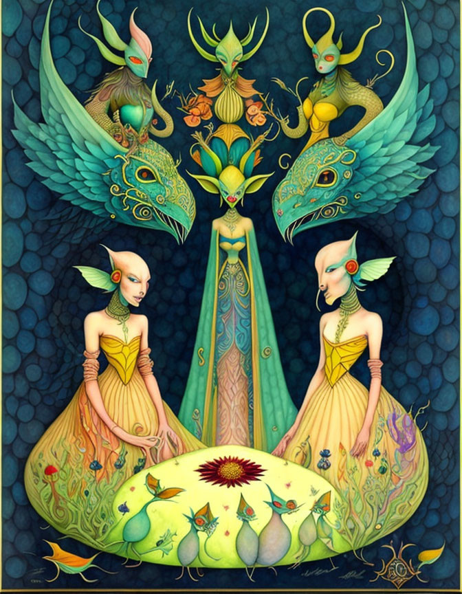 Colorful illustration of elf-like figures, mystical birds, and floral motif on cobblestone backdrop