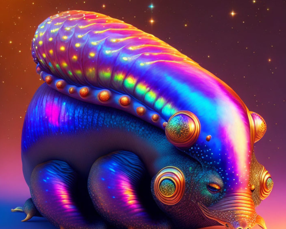 Colorful surreal digital illustration of glowing animal-like creature on starry background