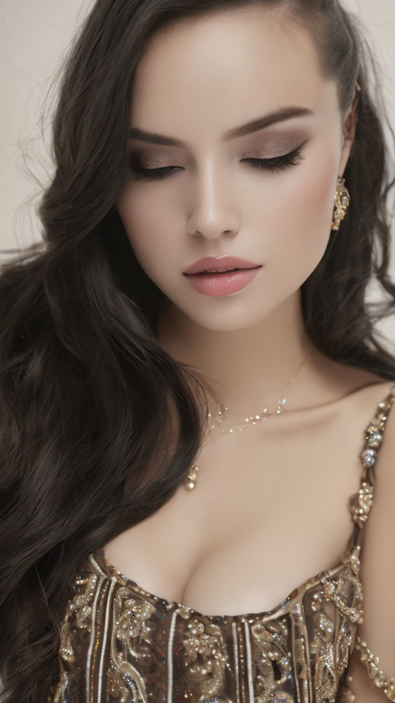 Woman in Sparkly Gold Attire with Long Curly Hair and Smokey Eye Makeup