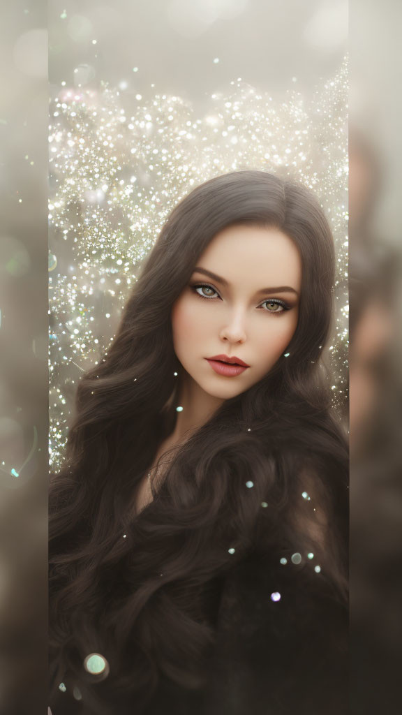 Portrait of Woman with Long Dark Hair and Striking Green Eyes in Sparkling Lights