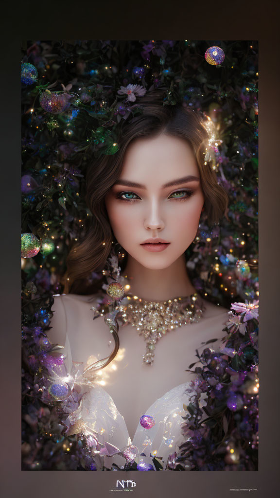 Fantasy portrait of woman with sparkling jewelry and luminescent flowers