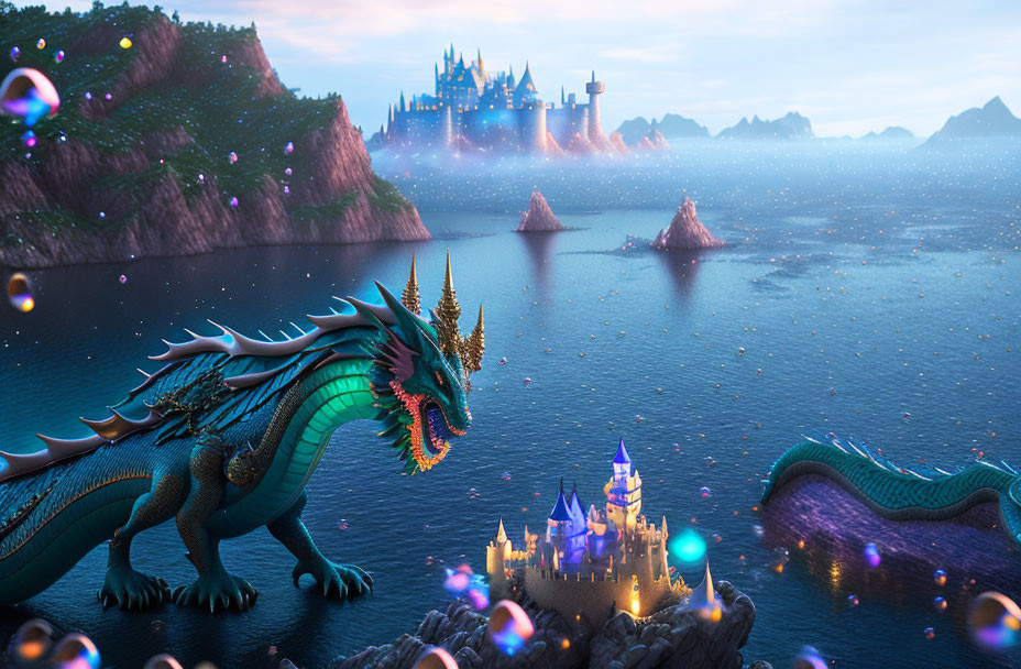 Green dragon near fantasy castle with orbs and mountains at dusk