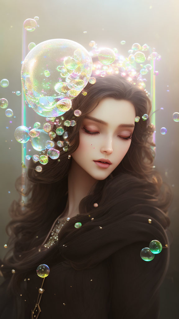 Illustrated woman with long wavy hair in sparkling bubble environment