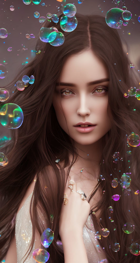 Woman with Dark Hair and Captivating Eyes Surrounded by Iridescent Soap Bubbles on Brown Background