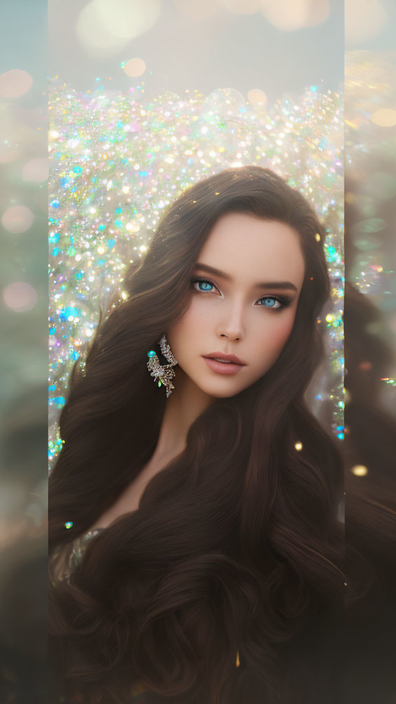 Digital artwork: Woman with dark hair, blue eyes, and sparkling earring on bokeh background