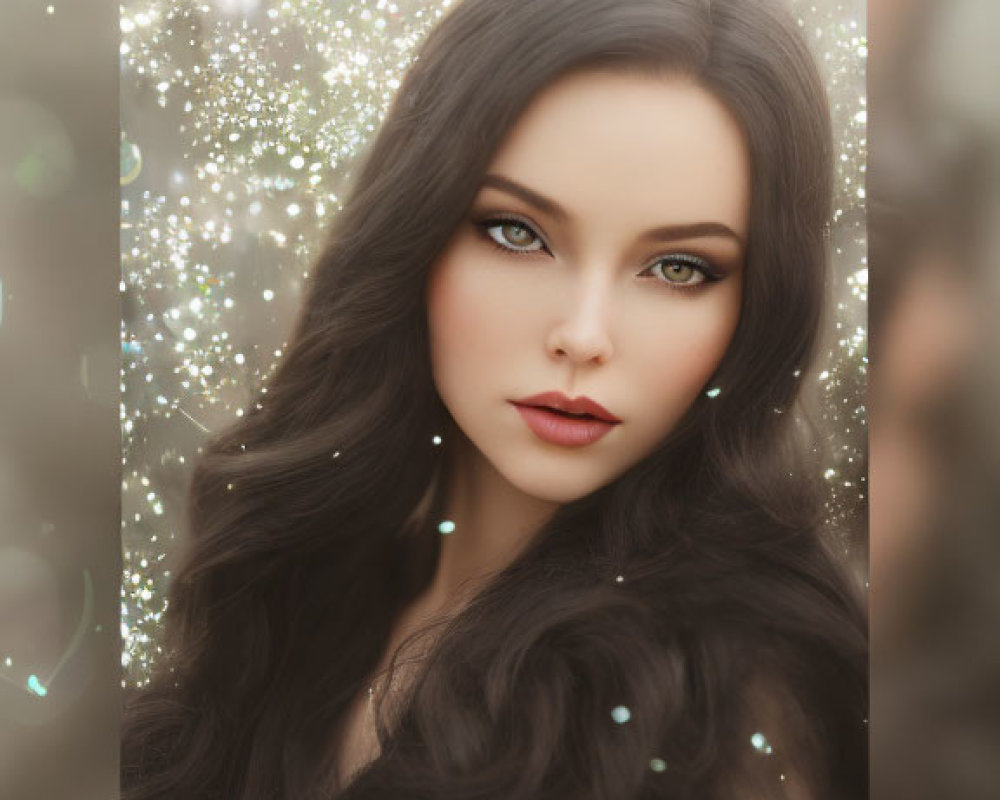 Portrait of Woman with Long Dark Hair and Striking Green Eyes in Sparkling Lights