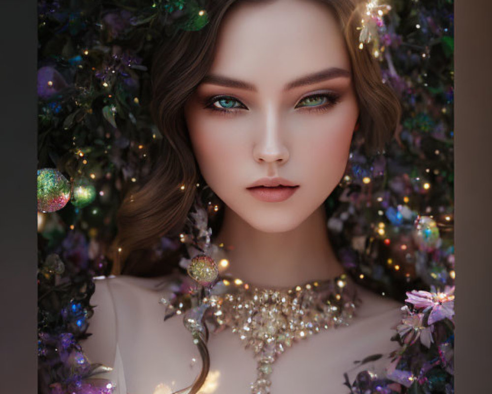 Fantasy portrait of woman with sparkling jewelry and luminescent flowers