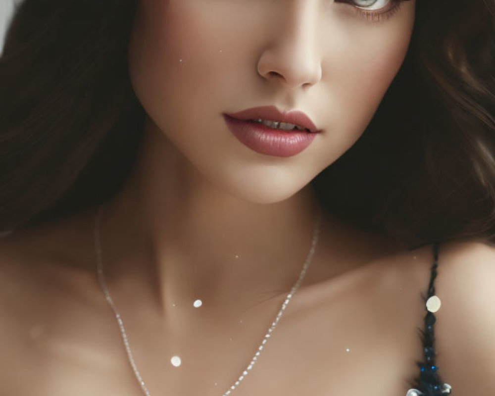 Woman with Deep Blue Eyes in Sequined Blue Dress